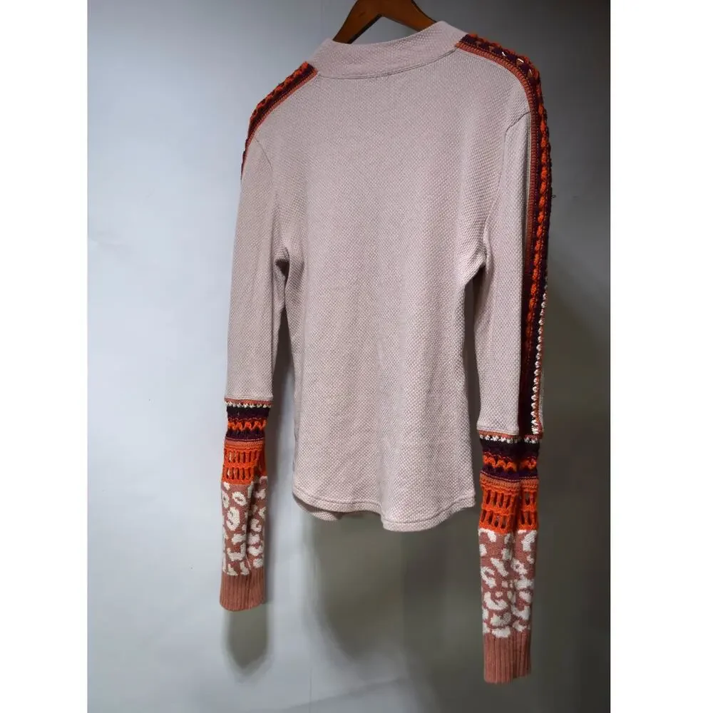 Free People Pink Waffle Knit Mixed Crochet Sleeve Top Size Small Boho